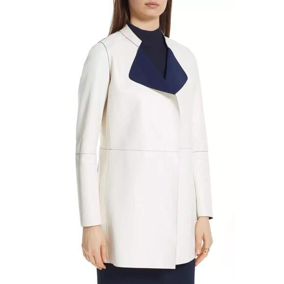 LKNW ST JOHN Nautical Alabaster Navy Reversible Leather Long Jacket Size 2 $2495 - Picture 6 of 9